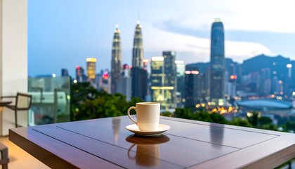 Obraz premium Cityscape view from a balcony with a coffee cup