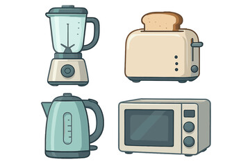 Naklejka premium Contemporary kitchen appliances set including blender, toaster, kettle, and microwave oven for modern home use
