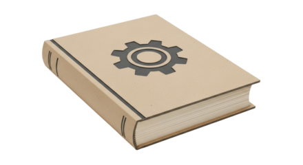 Isolated beige book with cogwheel symbol for engineering and educational concepts