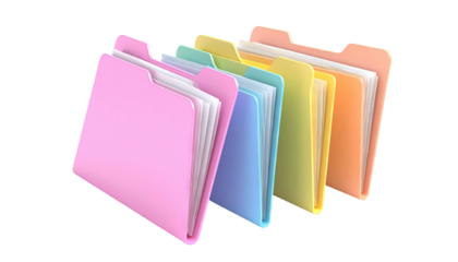 Array of colorful file folders filled with white paper on a black background