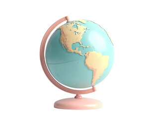 A pastel-colored globe on a stand, highlighting continents against a blue ocean background