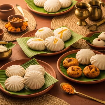 Assorted traditional pitha delicacies served on banana leaves and clay plates for a festive South Asian meal celebration