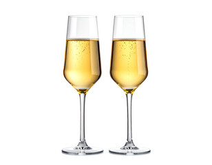 Two champagne flutes filled with bubbly, golden liquid, showcasing the glass's clarity and slender stems