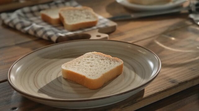 Hand placing a slice of bread on a decorative plate atop a wooden table with a checkered napkin