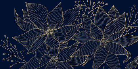 Elegant winter vector background, golden floral pattern, branches, holly ornament, modern festive style. Christmas card, banner, luxury postcard, decorative template