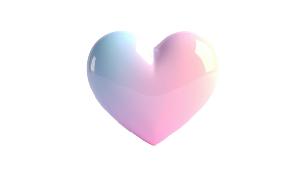 A glossy heart shape, blending pastel blue and pink, is set against a black background