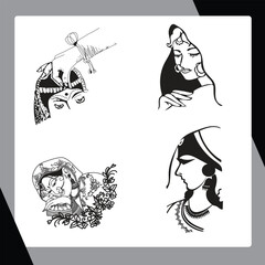 Traditional Woman Face and Ornaments Vector Illustration Set
