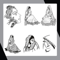 Traditional Women and Ethnic Lifestyle Vector Sketch Set