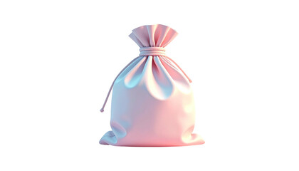 A blush pink drawstring bag, tightly cinched against a stark black background