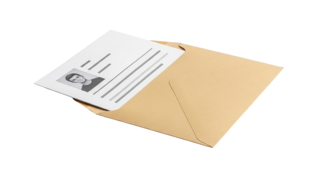 Isolated paper sheet in envelope, business correspondence, letter with photo, contract