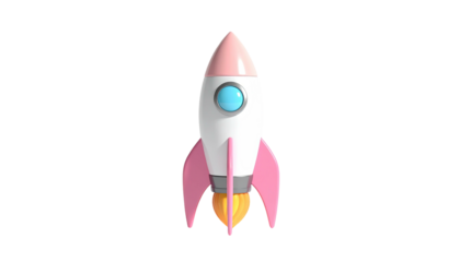 Cartoon rocket with pink and white design, flames blasting, isolated on black