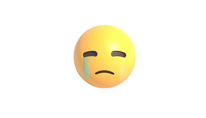 A 3D yellow sphere emoji with closed eyes and a tear, isolated on black