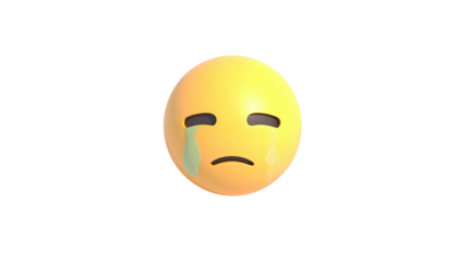 A 3D yellow sphere emoji with closed eyes and a tear, isolated on black