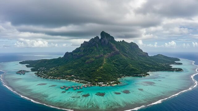 Aerial view of lush green mount otemanu in bora bora, french polynesia