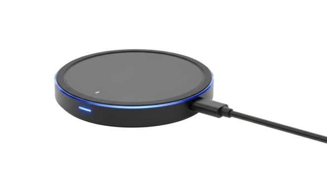 Black wireless charger with charging cable isolated PNG with Transparent Background