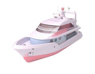 A stylized, modern yacht rendered with pink and white hues against a black backdrop