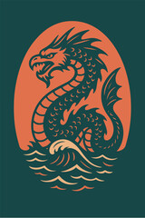 Sea Serpent Mythical Creature in Ocean Vintage Style