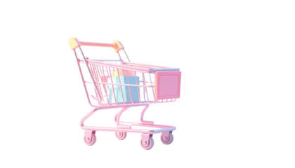 Pink cart against black; holds pastel boxes, rimmed by thin lines