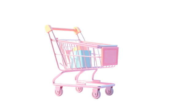Pink cart against black; holds pastel boxes, rimmed by thin lines