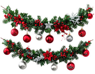 Two Christmas garlands, red and silver ornaments, holly, and berries