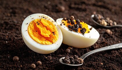 Close up of a perfectly cooked hard boiled egg cut in half seasoned with black pepper.