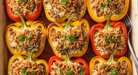 Colorful Stuffed Peppers in a Baking Dish.