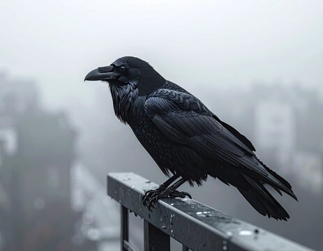 Mysterious Black Raven Perched on Railing in Foggy Atmosphere. - Powered by Adobe