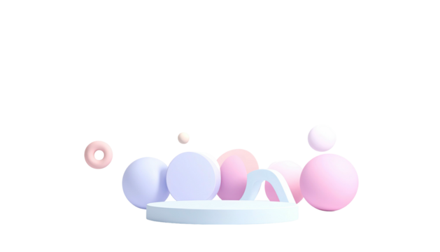 Pastel spheres and a pedestal float against a black background