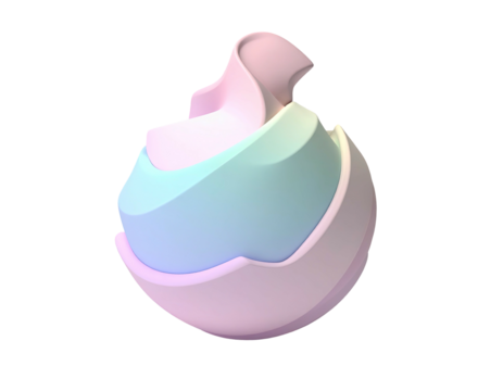 Abstract 3D sculpted form with smooth, layered colors, soft lighting, on black