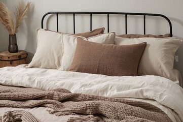 Eco-friendly bedroom featuring a wrought iron bed adorned with linen and velvet pillows in soft beige and brown tones