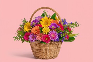 Detailed view of vibrant flowers arranged in a handcrafted rattan basket, showcasing traditional weaving techniques on a soft pastel backdrop