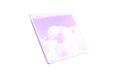 Angled digital tablet showing a pastel cloudscape on a black background