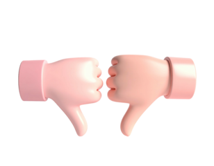 Two pink 3D hands with thumbs down, facing each other against black background