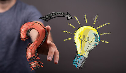 Hand pointing from question mark to lightbulb, symbolizing problem-solving and innovation. © vegefox.com