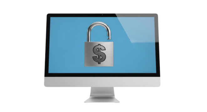 Isolated computer monitor screen showing a padlock and dollar sign, online security