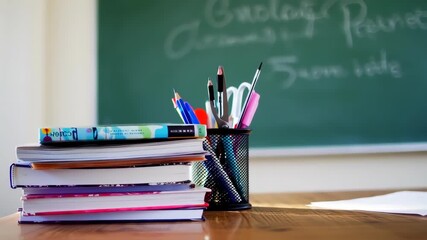 Stack of books and school supplies on a wooden table in front of a green chalkboard - Powered by Adobe