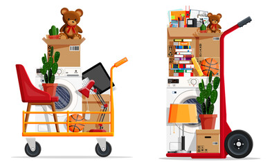 Flat style moving trolley full of household stuff. Relocation with belongings and furniture. Home moving concept. © absent84