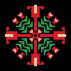 Bellflowers, a symmetrical floral pattern in red, green, and black. The designs are suitable for weaving, cross-stitching, or knitting.