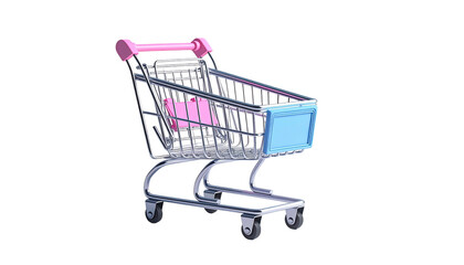 A small, shiny metal shopping cart with pink and blue accents against black