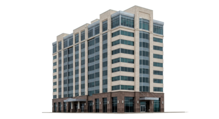Isolated office building exterior on a neutral background, commercial property facade, downtown area