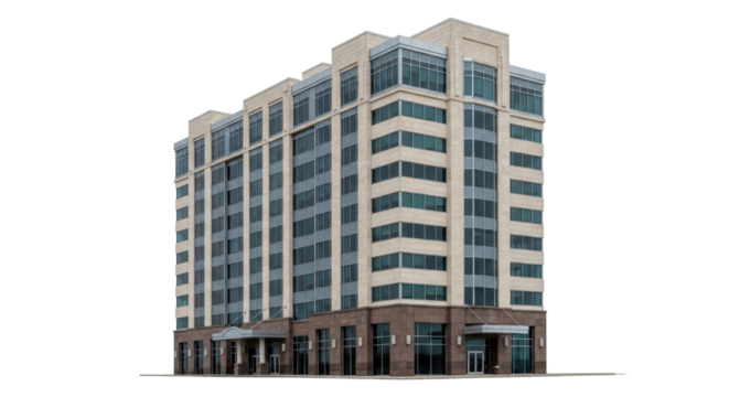 Isolated office building exterior on a neutral background, commercial property facade, downtown area