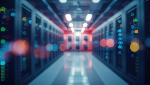 Inside a data center with blurred bokeh lighting, featuring cabinets housing power equipment, main network control stations, and circuit system hubs.