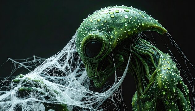 Eerie Green Alien Creature Entangled in Cobwebs with Water Droplets.