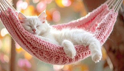 Fluffy white cat peacefully sleeping in a pink knitted hammock outdoors.