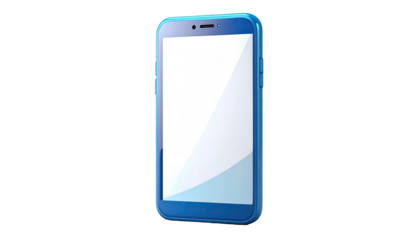 A blue smartphone, with a blank white screen, is positioned slightly angled in front
