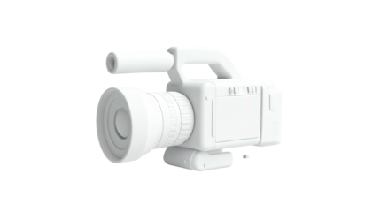 A white 3D-rendered video camera, isolated against a stark black background