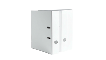 Two upright white binders, with metal clasps and round holes on a dark background