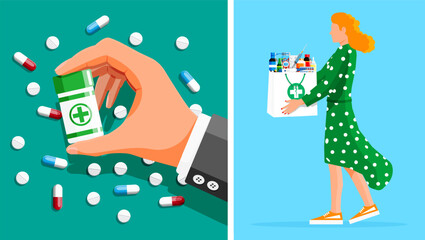Hand holding pill bottle. Woman carrying pharmacy bag with drug, medical item. Medicine prescription service digital illustration.