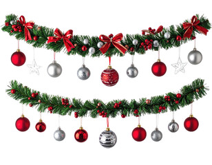 Two Christmas garlands with red, silver, and gold ornaments