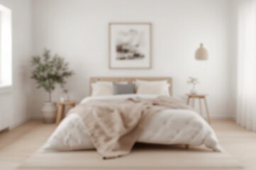 Naklejka premium Soft lighting and natural wood elements create a tranquil bedroom setting with a peaceful ambiance.